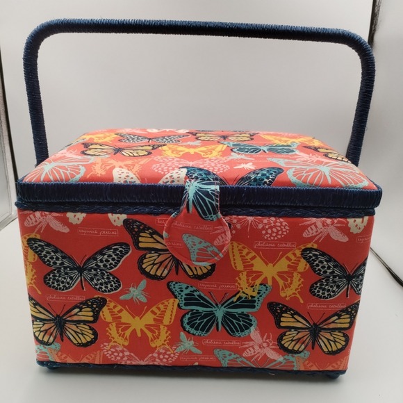 Handmade Other - Large Butterfly Sewing Kit Storage Box - Red & Blue Fabric - Removable Organizer